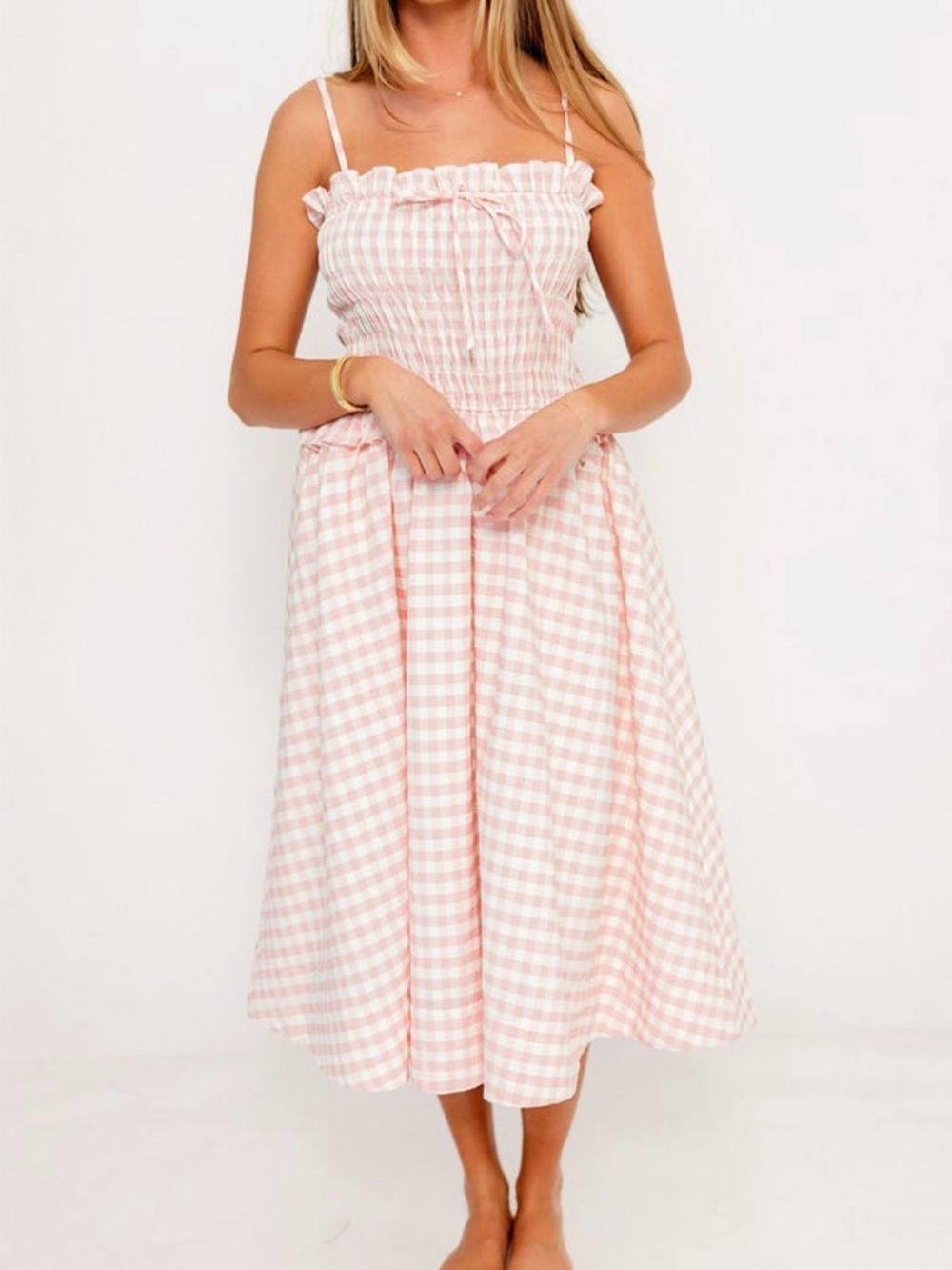 Smocked Pink Gingham Midi Dress with Adjustable Straps